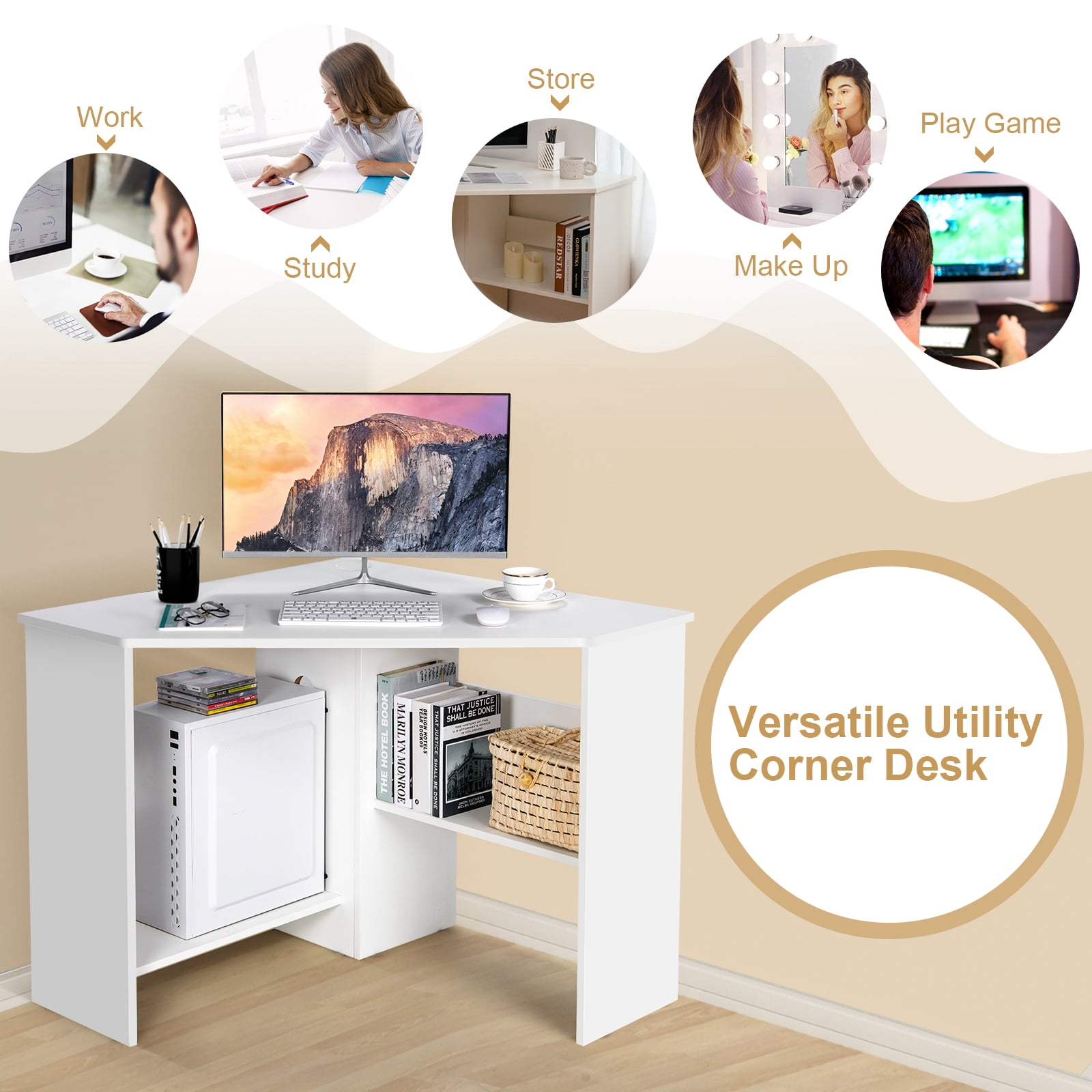 Costway Space-Saving Corner Computer Desk with 2 Cable Management Holes & CPU Stand White