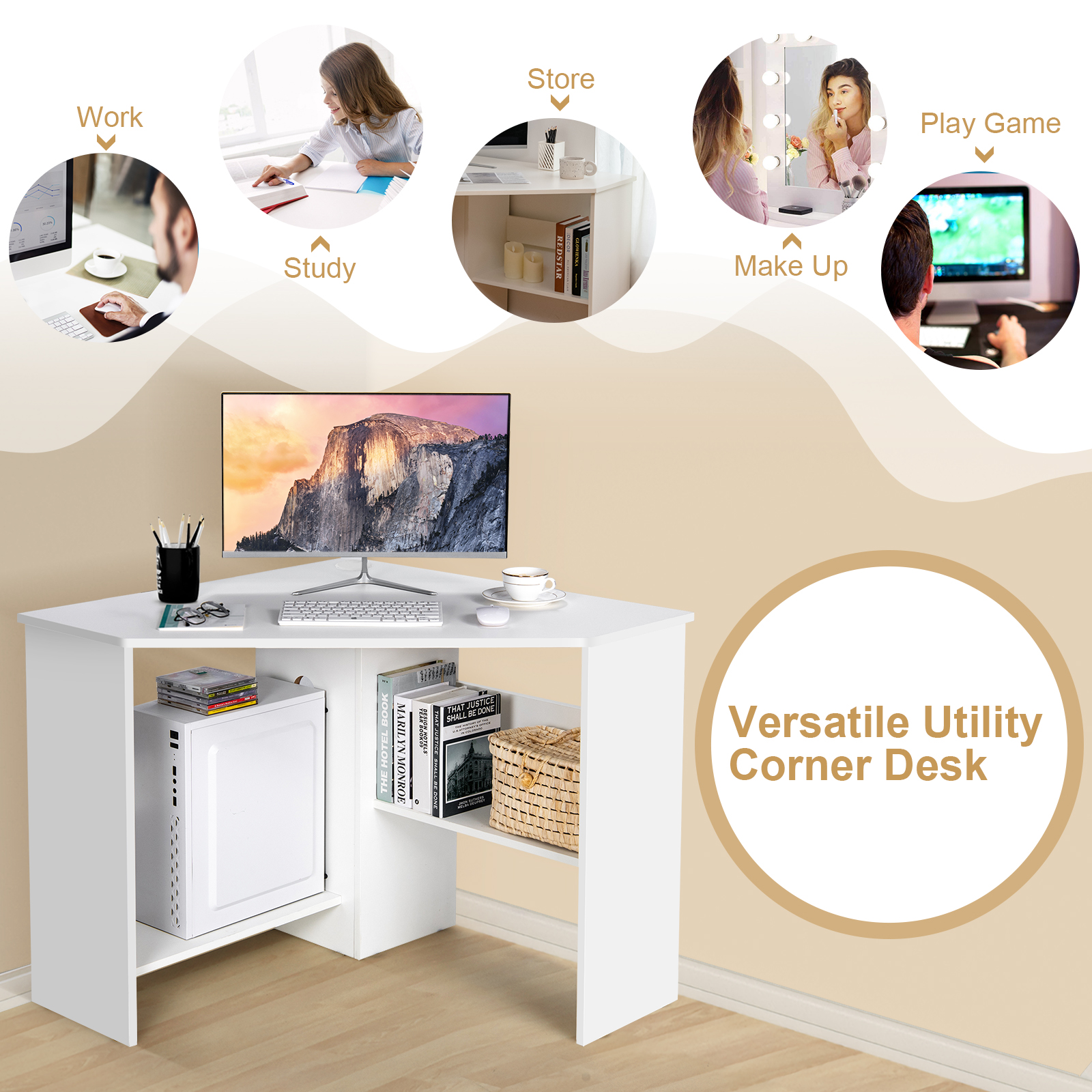 Costway Corner Computer Desk with Cable Management and Shelves photo 7