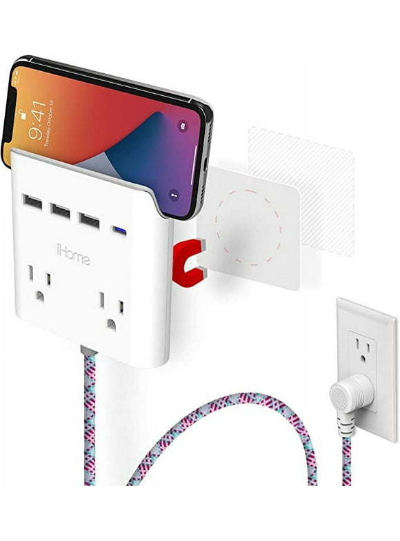 iHome Power Reach Multiple Plug Outlet Extender with 2 Outlets, 4-Port USB Wall Charger (1 USB C, 3X USB A), 6 Ft Extension Cord and Magnetic Wall Mount, Green/Pink Cable
