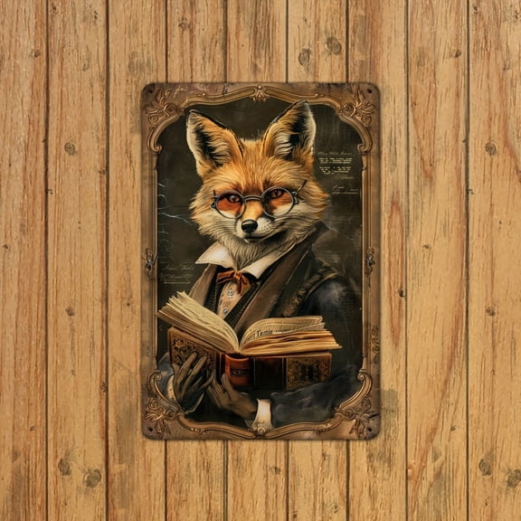 HELLOYOUNG Vintage Metal Tin Sign Fox Librarian Literature Wall Art 8x12 Inch, Home Study Room Decor Retro Classic Decoration
