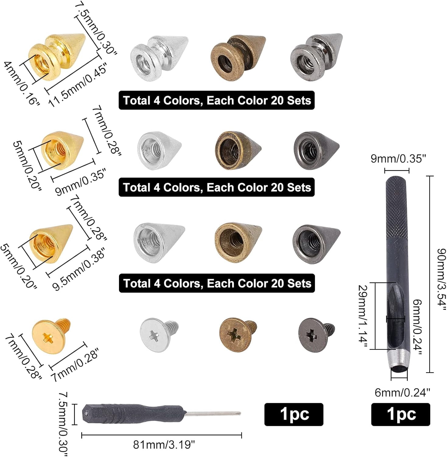 240 Sets Metal Cone Spikes Studs 4 Colors Punk Rock Rivets Leather Rivets Screwback Studs Screw with Install Tools 9mm 9.5mm 11.5mm for Clothing Shoes Leather Belts Bag Accessories