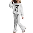 thumbnail image 4 of Girls' Spring 2 Piece Outfit Set Girls Matching Sets Size 12 Bow Print Long Sleeve Top and Flared Pants Set Girls Clothes(Size 7-8 Years,White), 4 of 4