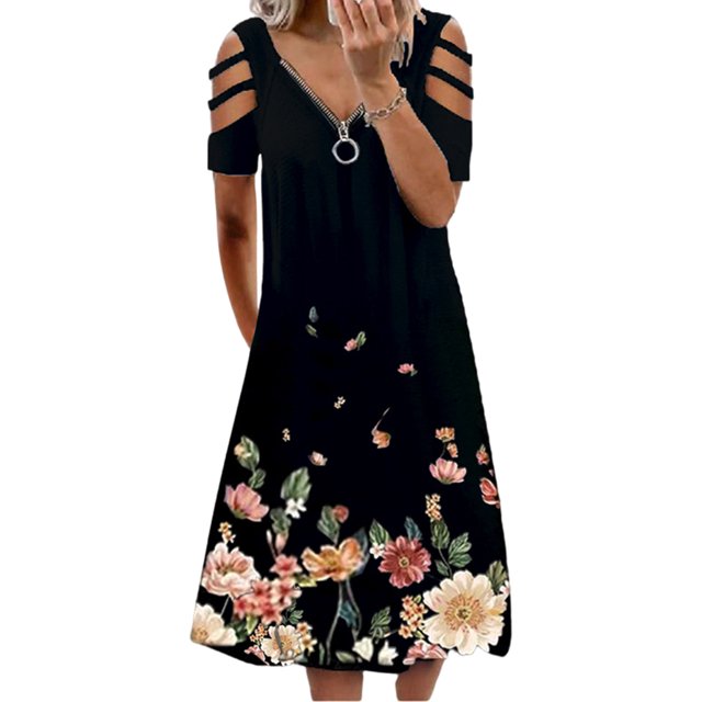 Fashnice Robe Longue Femme Col en V Été Plage Robe d'Été Manches Courtes Midi Décontractée Vacances Noir m