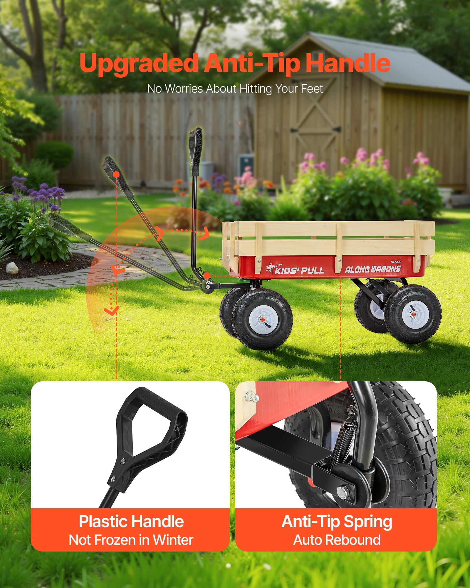 VEVOR Pull-Along Wagon for Kids, 39 inch Toddler Wagons with Wooden Panels & Handle, Supports up to 330 lbs, All-Terrain Utility Wagon Cart Birthday Present for Kids Gardening Beach, Red