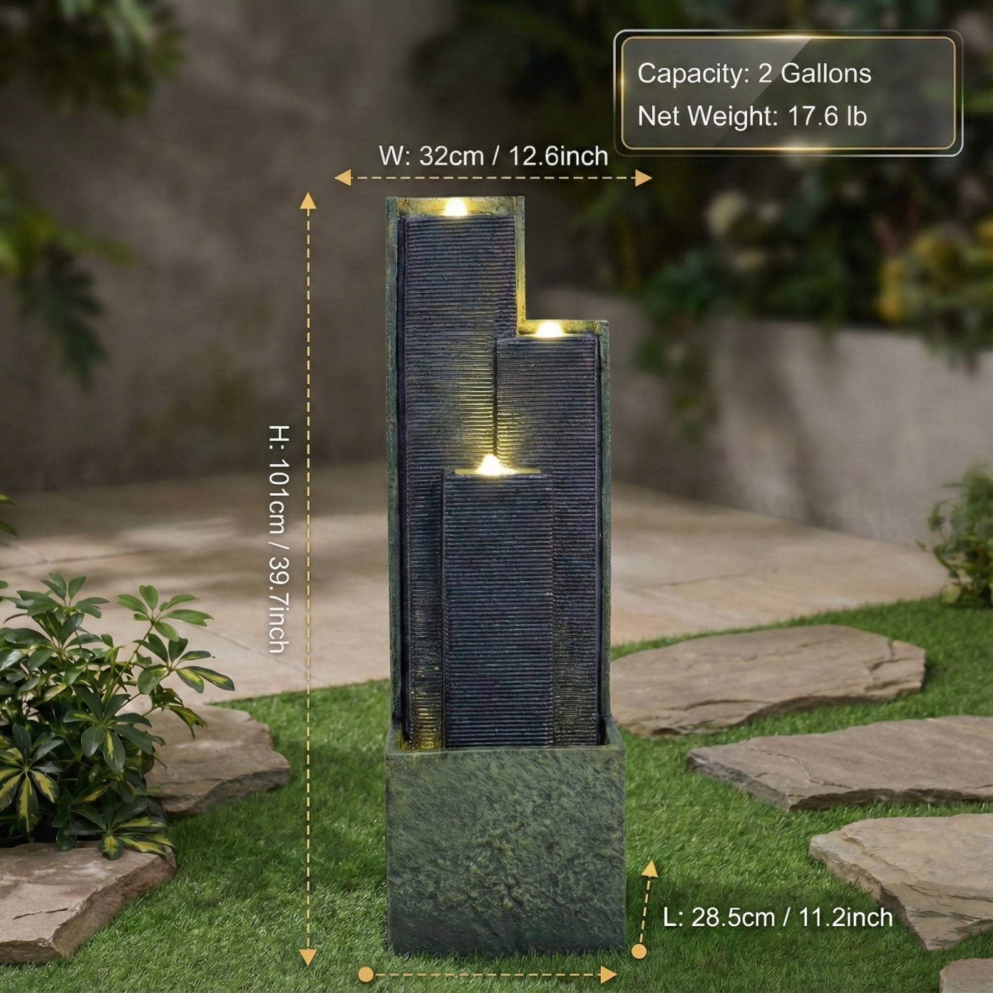 40" Outdoor Water Fountain with LED Lights, Modern Geometric Tiered Waterfall Fountain, Ribbed Column Water Feature for Garden, Patio and Backyard Decor
