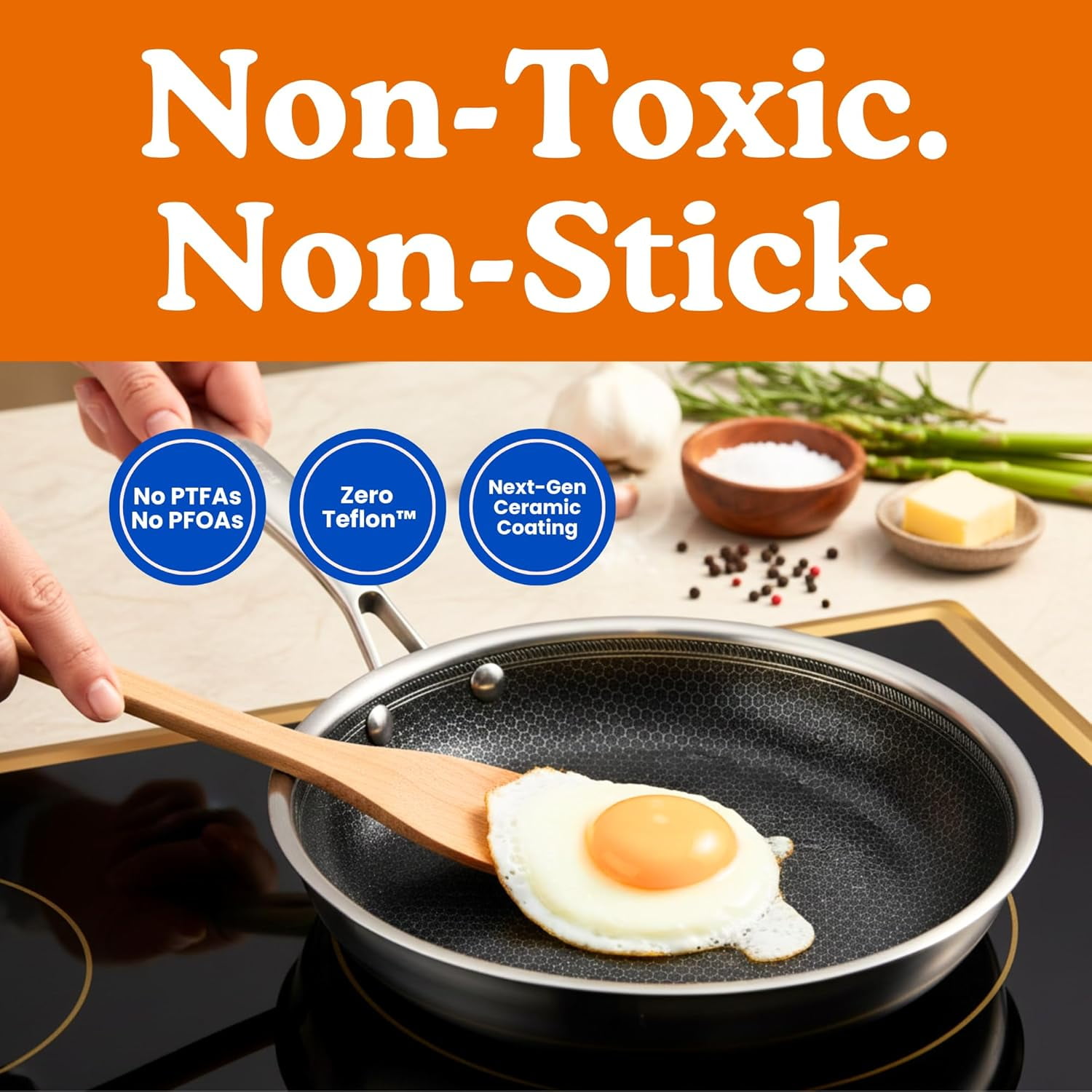 Non-Toxic Frying Pan, Non Stick 9.5" Fully Clad for Fast & Even Heat, PFOA-Free, Premium 304 SS Handle, Induction Compatible, Oven Safe