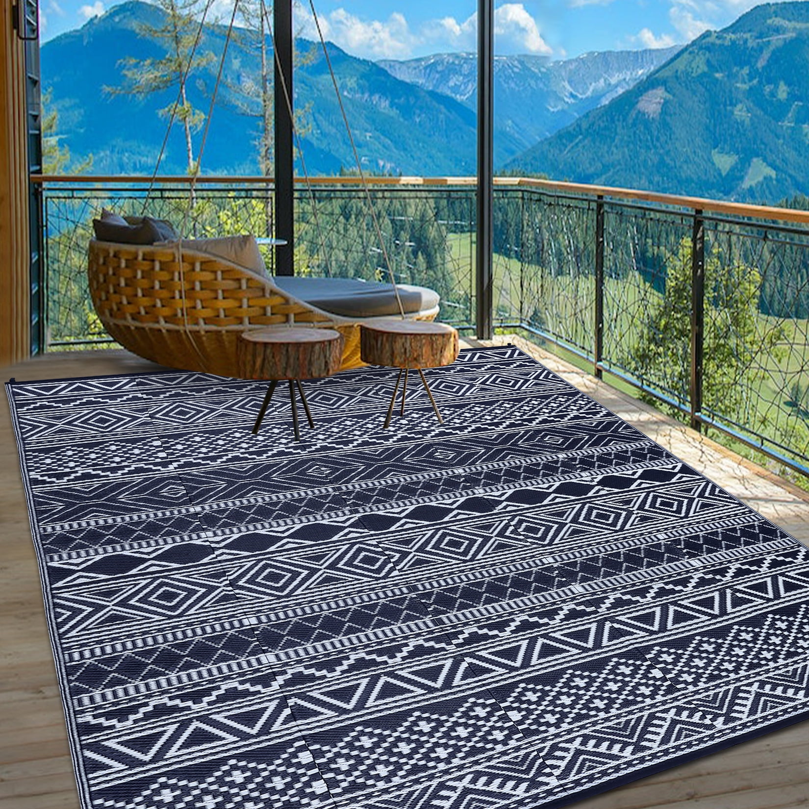 Garvee 9'x18' Plastic Outdoor Rugs, Bohemia Waterproof Straw Rug Reversible Indoor Outdoor Carpet for Patio RV Deck Porch Backyard Balcony Camping Picnic Beach, Dark Blue & White