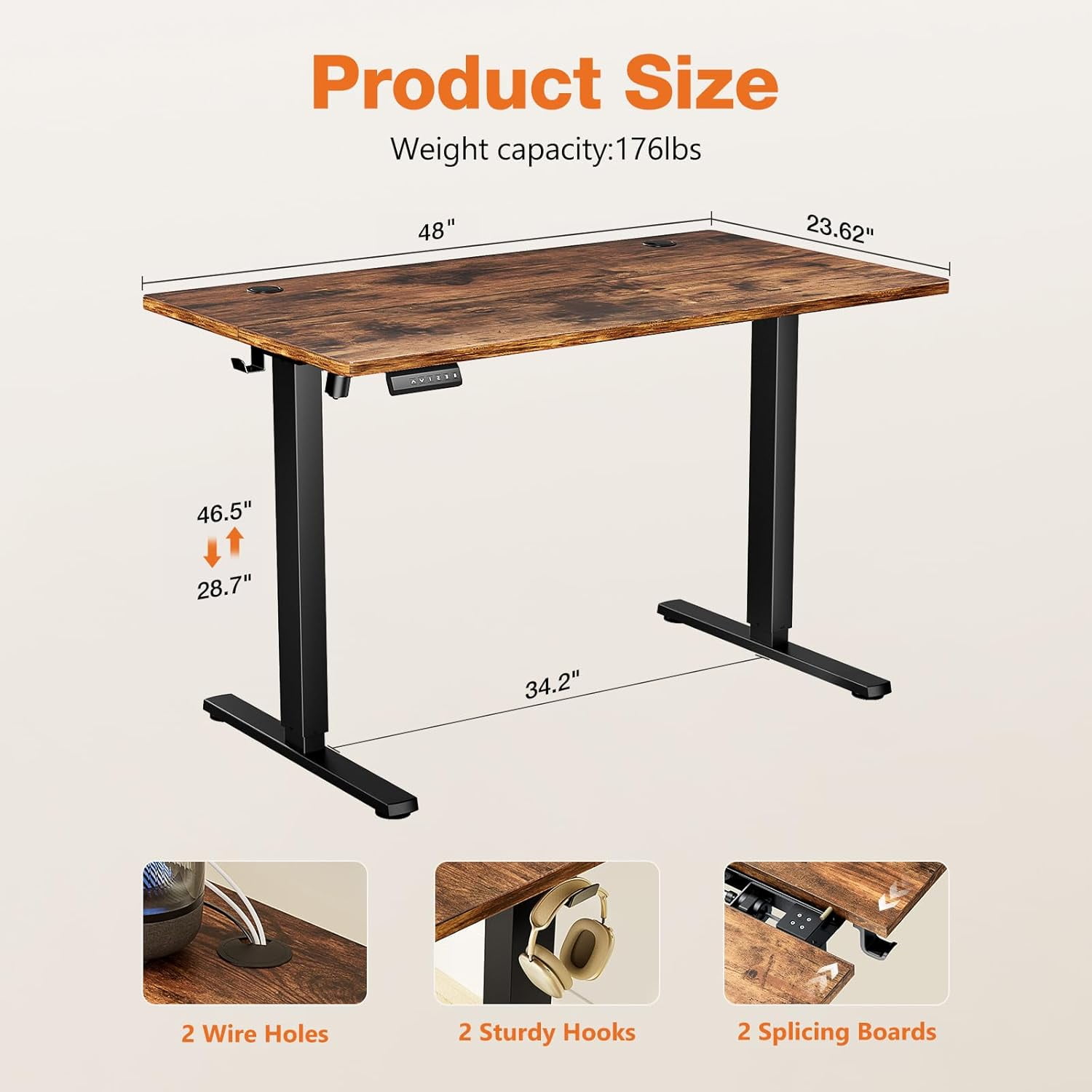 Electric Stand up Desk, 48'' Wide Desktop with Adjustable Height, Standing Computer Desk for Home Ofiice, Brown