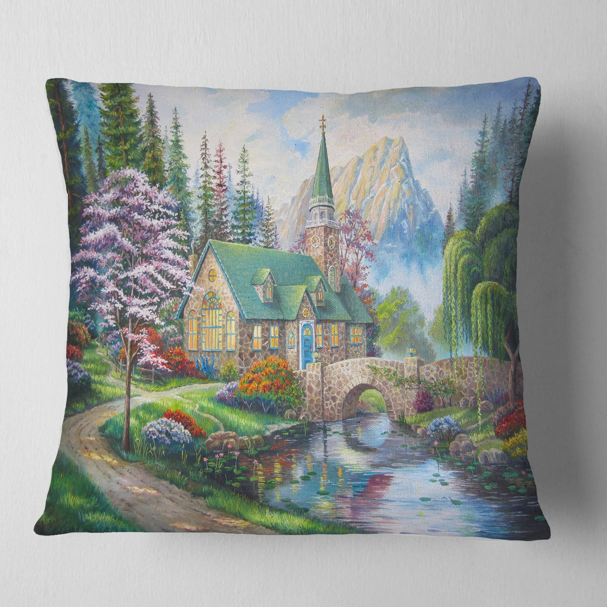 Designart Church in Forest Oil Painting - Landscape Painting Throw Pillow - 16x16