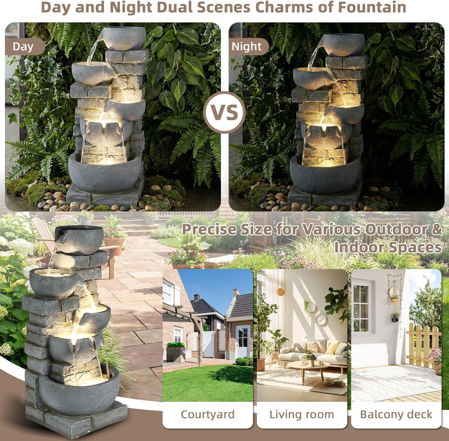 EPICOZY 33" Tall Outdoor Water Fountain, 5 Tier Cascading Bowls and Stacked Stone Wall Waterfall Fountain with Warm LED Lights, Resin Garden Water Feature for Patio, Backyard and Home Art Décor