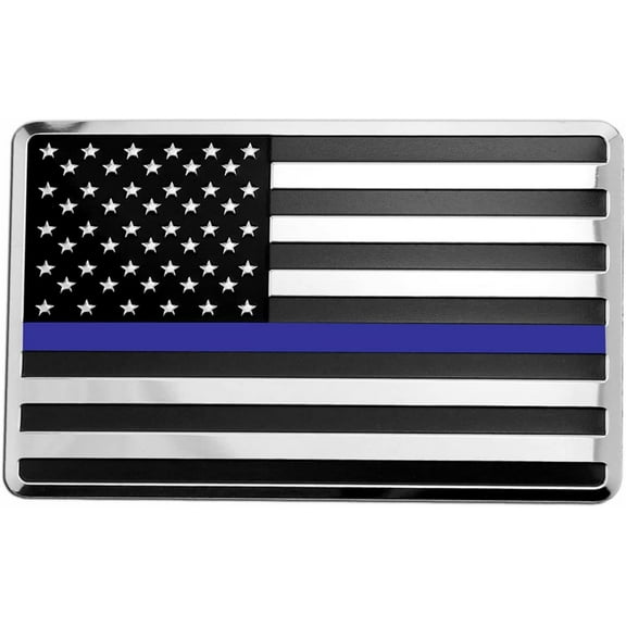 USA American Embossed Stainless Steel Metal Flag for Cars, Trucks Show Support of Police and Law Enforcement Officers (3.12" x 2", Black & Chrome with Blue line)