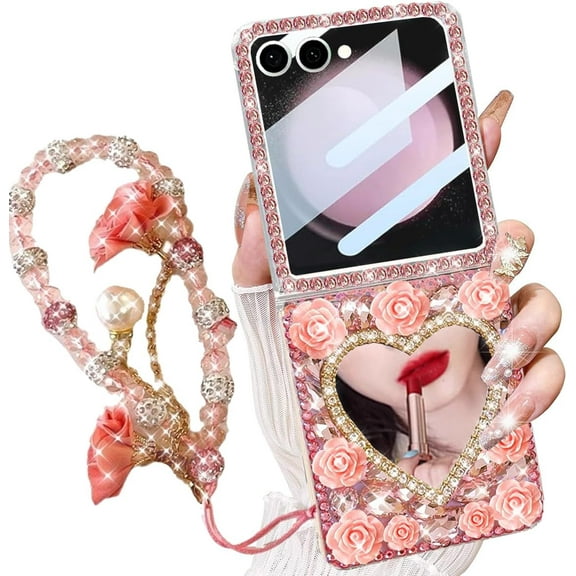 Mirror Case for Samsung Galaxy Z Flip Bling Diamond Flower Strap 3D Sparkle Glitter Crystal Rhinestone Pearl Rose Wrist Bracelet Lanyard Cover for Girly Women for Galaxy Z Flip 5G (Pink)