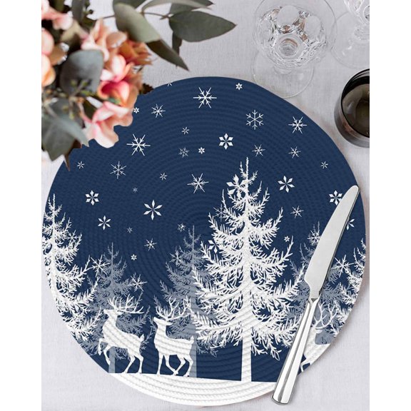 13 Inch Round Placemats Set of 6, Christmas Blue Non Slip Heat Insulation PP Table Mats, White Xmas Tree Elk Winter Snowflake Washable Place Mats for Kitchen Dining Party Table Decor