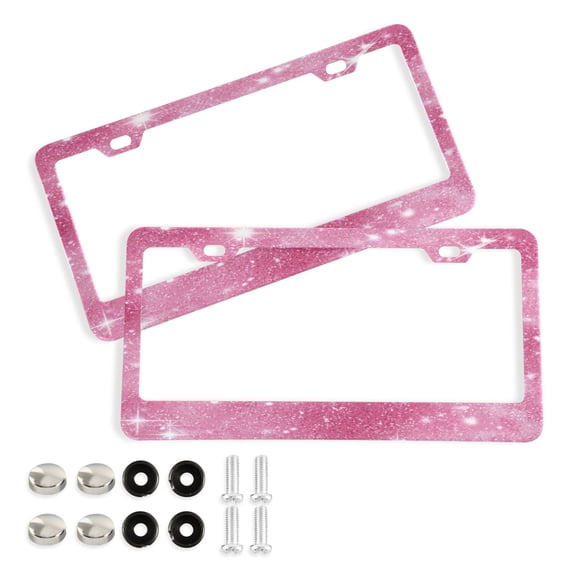 Aluminum License Plate Frame 2 Pack Car Exterior Accessory Car Tag Holder for Front Rear Plates Cars Decor Pink Glitter Background