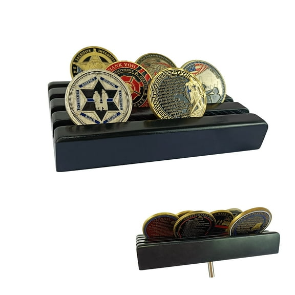 Small Challenge Coin Display Stand, Solid Wood 4 Rows Military Coin Holder Rack Case Holds 10-12 Coins, Black Finish