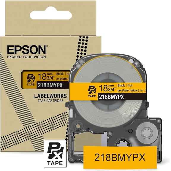 Epson LABELWORKS 218BMYPX - Black on Matte Yellow PET Label Maker Tape - 3/4" (18MM) Wide, 26'