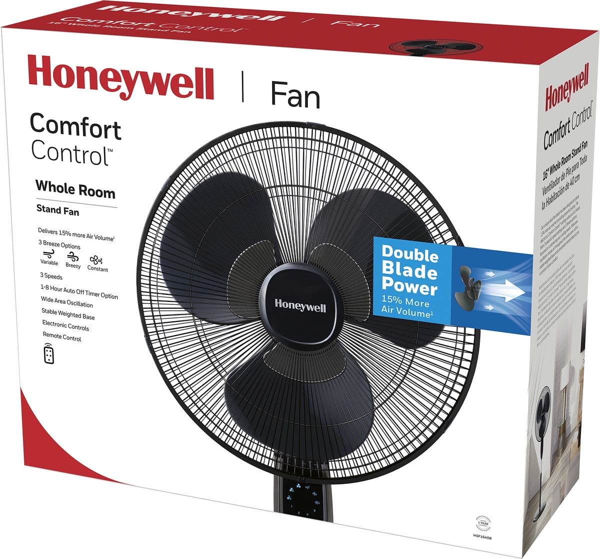 Honeywell Black Comfort Control 16" Whole Room Pedestal Fan with Remote Control, HSF1640B