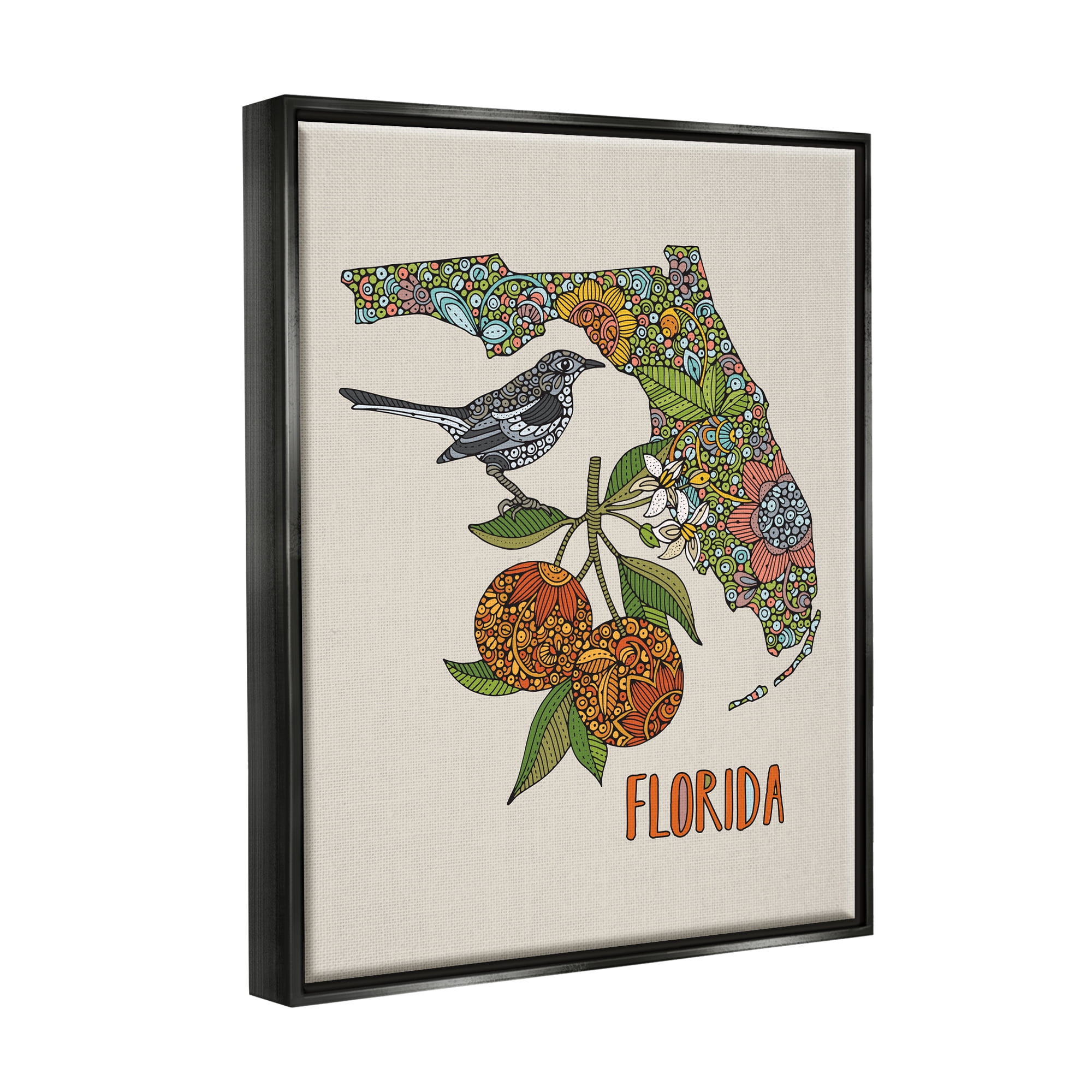 Stupell Industries Florida State Mockingbird Detailed Orange Blossom Pattern Graphic Art Jet Black Floating Framed Canvas Print Wall Art, Design by Valentina Harper