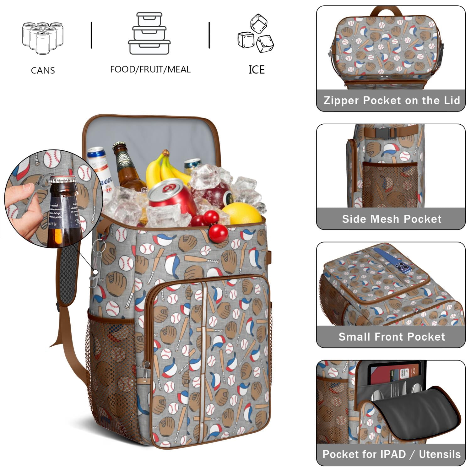 Travel Cooler Bag - Baseball Items Pattern Camping Beer Cooler Backpack with Bottle Opener- Waterproof Insulated Picnic Backpacks - Cooler Bag for Beach