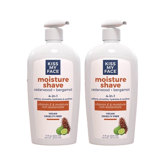 Kiss My Face Cedarwood Bergamot Moisture Shave, 4 In 1 Shaving Cream, Cruelty Free And Vegan, With Added Olive Oil And Aloe Leaf Extract, Vitamin E Rich, 2-Pack, 11 fl Oz Pump Bottle