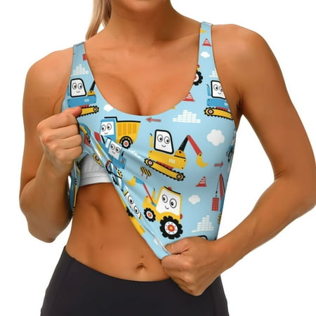 Qokaie Building Truck Pattern Womens Scoop Neck Sports Bra Breathable Workout Vest Padded U Back Medium Impact Fitness Gym Yoga Bra Workout Crop Top