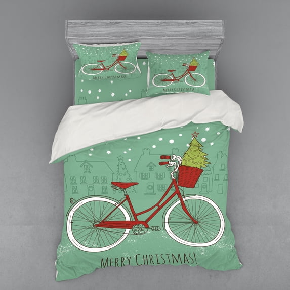 Christmas Duvet Cover Set, Hand Drawn Vintage Bike with Small Xmas Tree House Silhouettes Snow, Bedding Set with Shams and Fitted Sheet, 3 Sizes, by Ambesonne