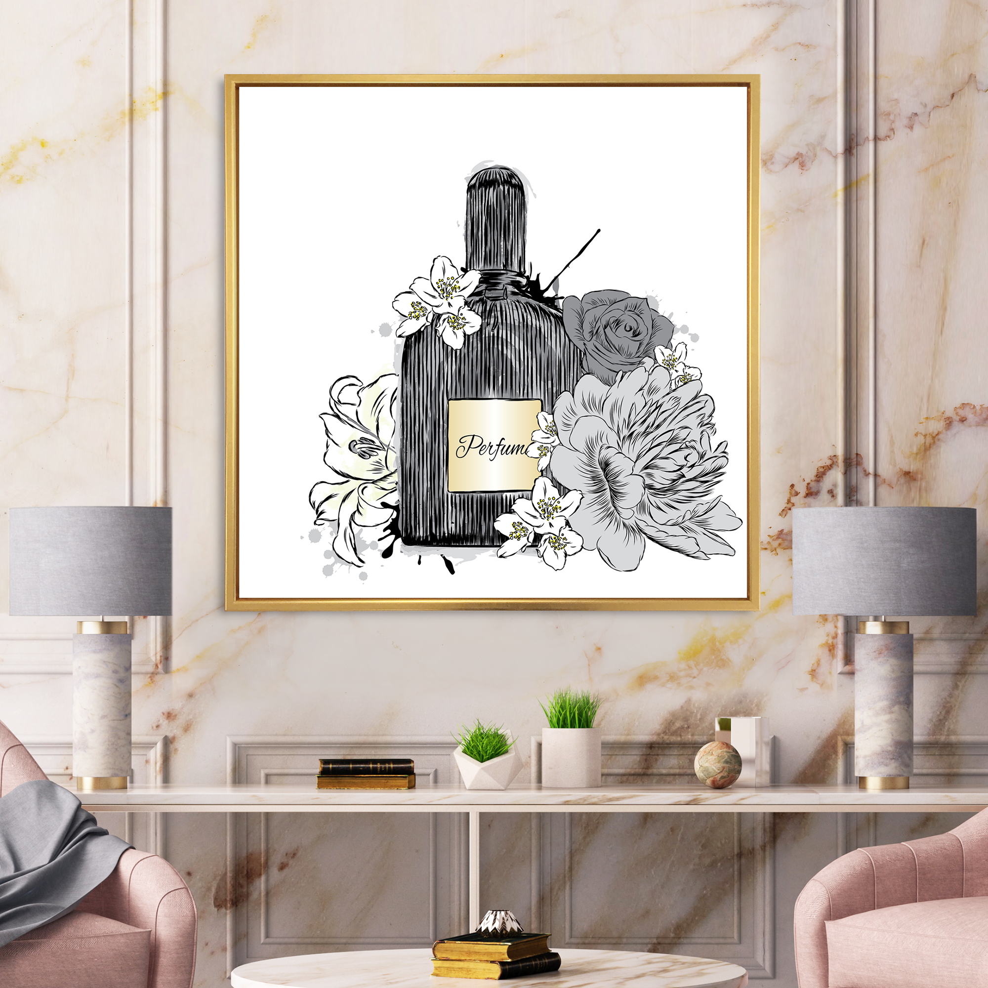 Bouquet of Flowers and Perfume Bottle III 16" x 16" Framed Painting Canvas Art Print, by Designart