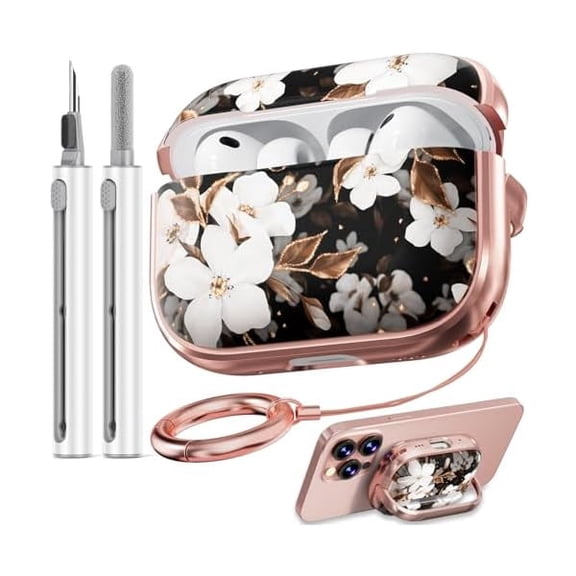 wonima06 for AirPods Pro 3 Case 2025 with Lock, for Women Girly Floral Cute Case Compatible with Apple Airpods Pro 3rd Generation Cover, with Phone Stand,Keychain & Cleaner Kit -Black Gold Flower