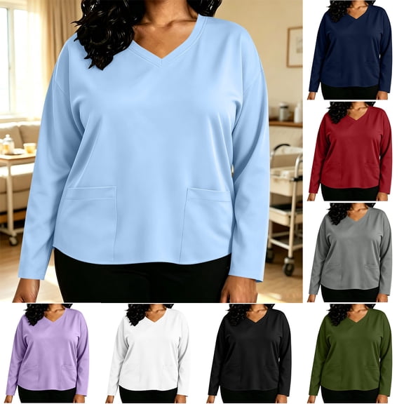 Zormilly Scrub Tops Women Long Sleeve V Neck Plus Size Nursing Tops with Pockets Care Clinics Loose Scrub Uniforms, L-5XL