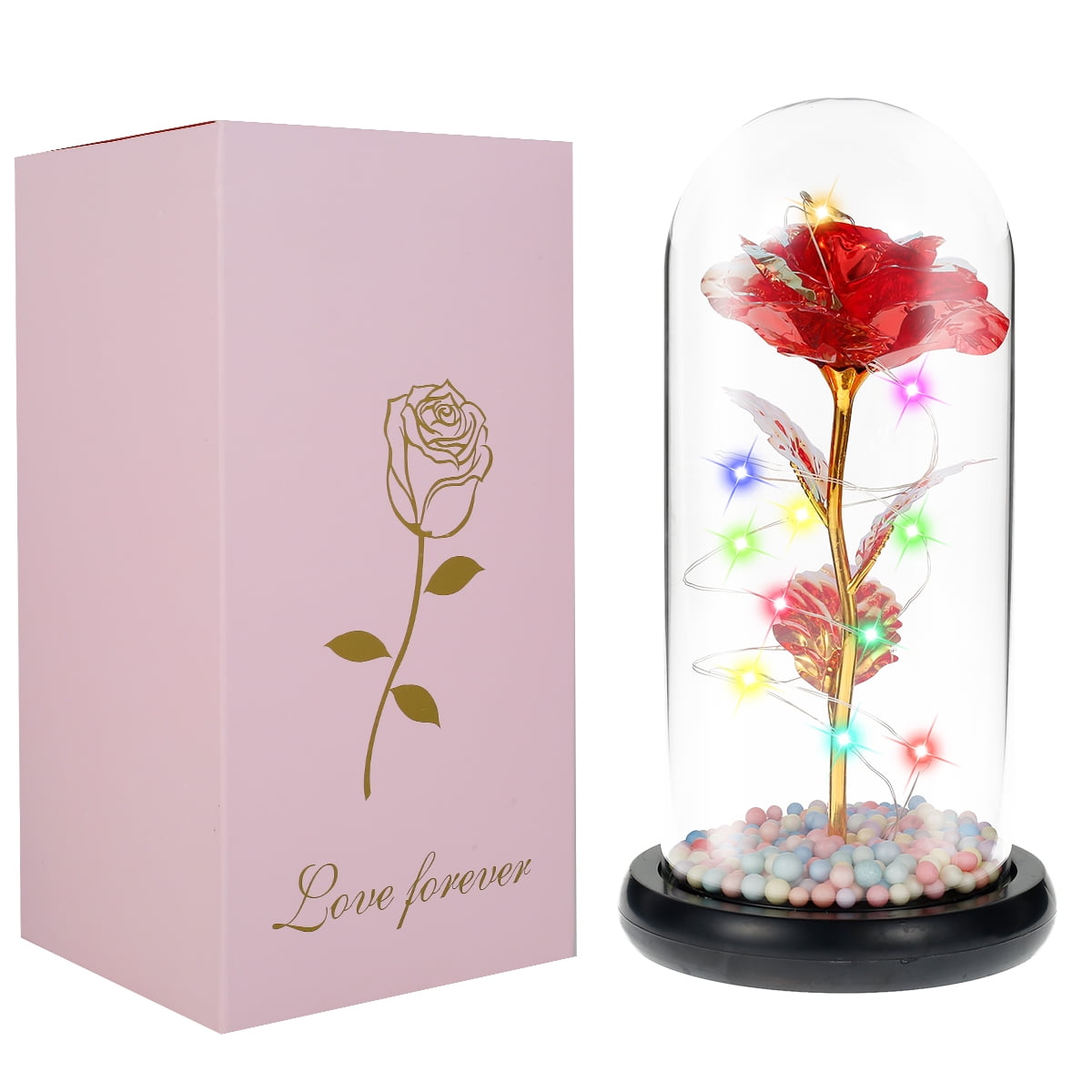 Enchanted Rose Forever blooming In Glass With LED Light Wedding Home Xmas Decor 