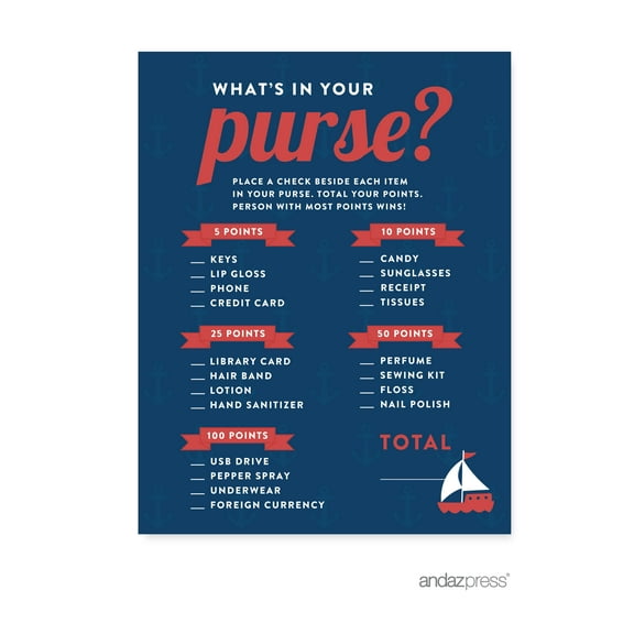 What's In Your Purse?  Nautical Ocean Adventure Wedding Bridal Shower Game Cards, 20-Pack
