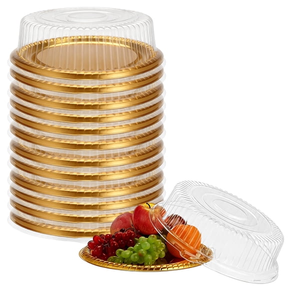 12 Pcs Plastic Serving Trays with Lids, 12 in Round Food Display Platters, Domed Clear Cover Design, Disposable Thickened Salad Plates Bowls for Birthday, Wedding, Picnic, Holiday Party (Gold)