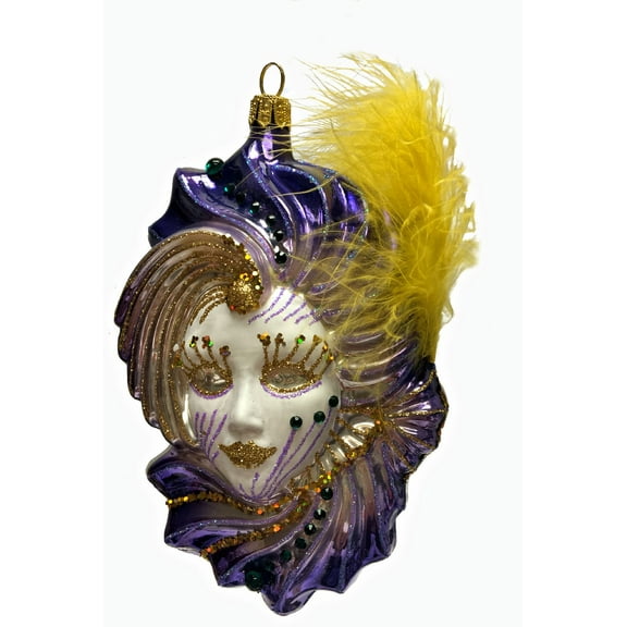 Purple Venetian Mask with Yellow Feather Polish Glass Christmas Tree Ornament