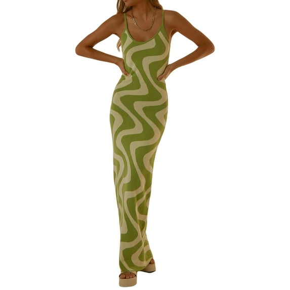 Liacowi Bodycon Dresses for Women Summer Knit Sexy Print Long Dress Sleeveless Long Cut Out Dress