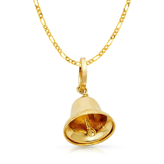 14K Yellow Gold Bell Charm Pendant with 1.6mm Figaro 3 1 Chain Necklace