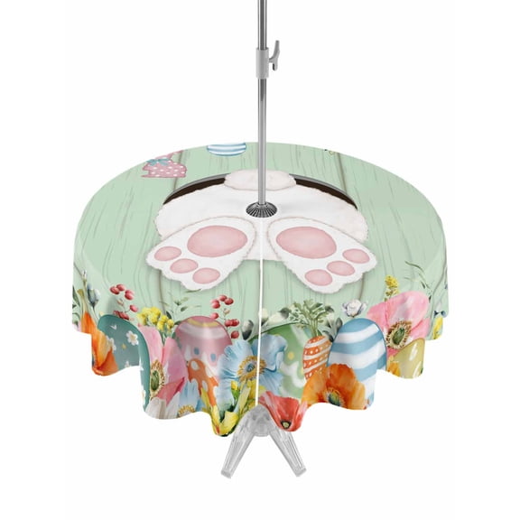 Easter Outdoor Tablecloth - 54 Inch Round Dining Table Cover, Spring Watercolor Bunny Eggs Wooden Grain Green Waterproof Outdoor Table Cloth with Umbrella Hole & Zipper for Picnic/Patio/Party