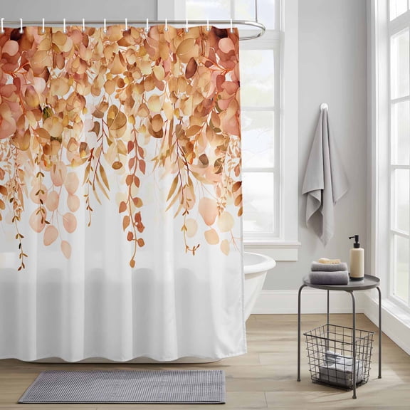 Farmhouse Fabric Shower Curtain for Bathroom Waterproof Polyester Bath Curtain with 12 Hooks Watercolor Orange Eucalyptus Leaves Rustic Botanical Washable Shower Curtain with Grommets 66"x72"