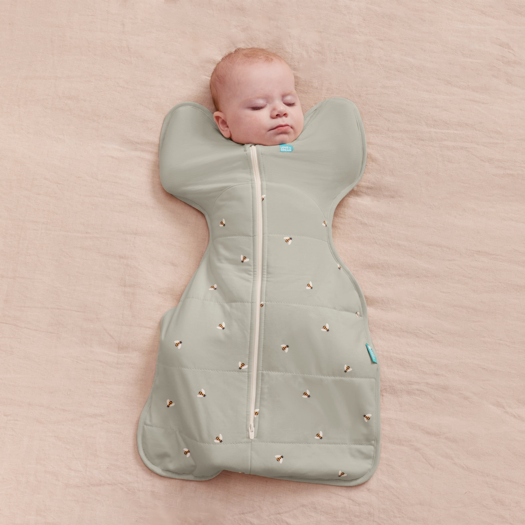 Love to Dream Swaddle Up Warm Cotton 2.5 TOG Baby Sleep Sack, Arms Up Design, Twin Zipper, Small 8-13 lbs, Olive Bees