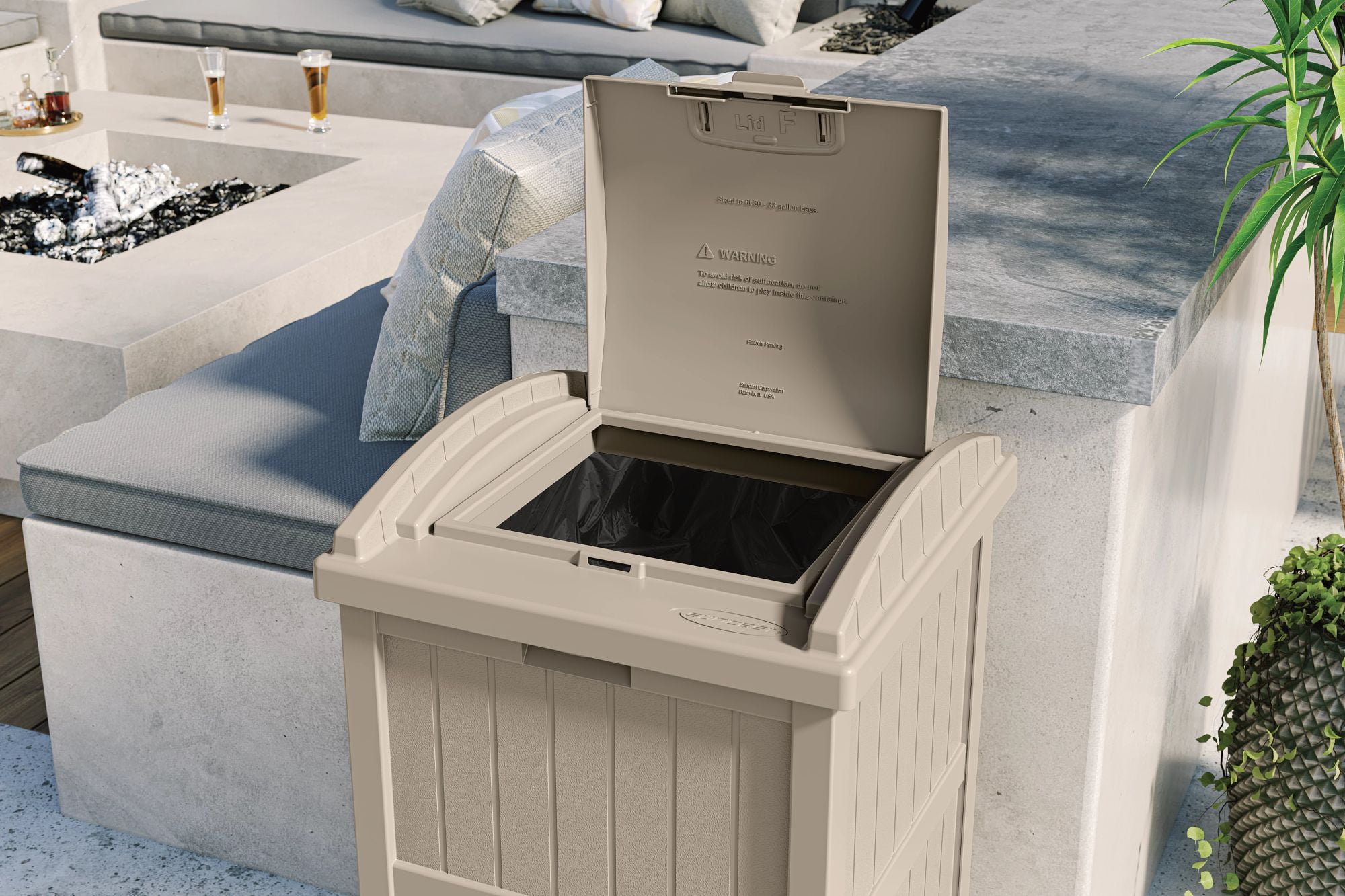 Suncast Resin Hideaway Outdoor Trash Can with Latching Lid, Taupe