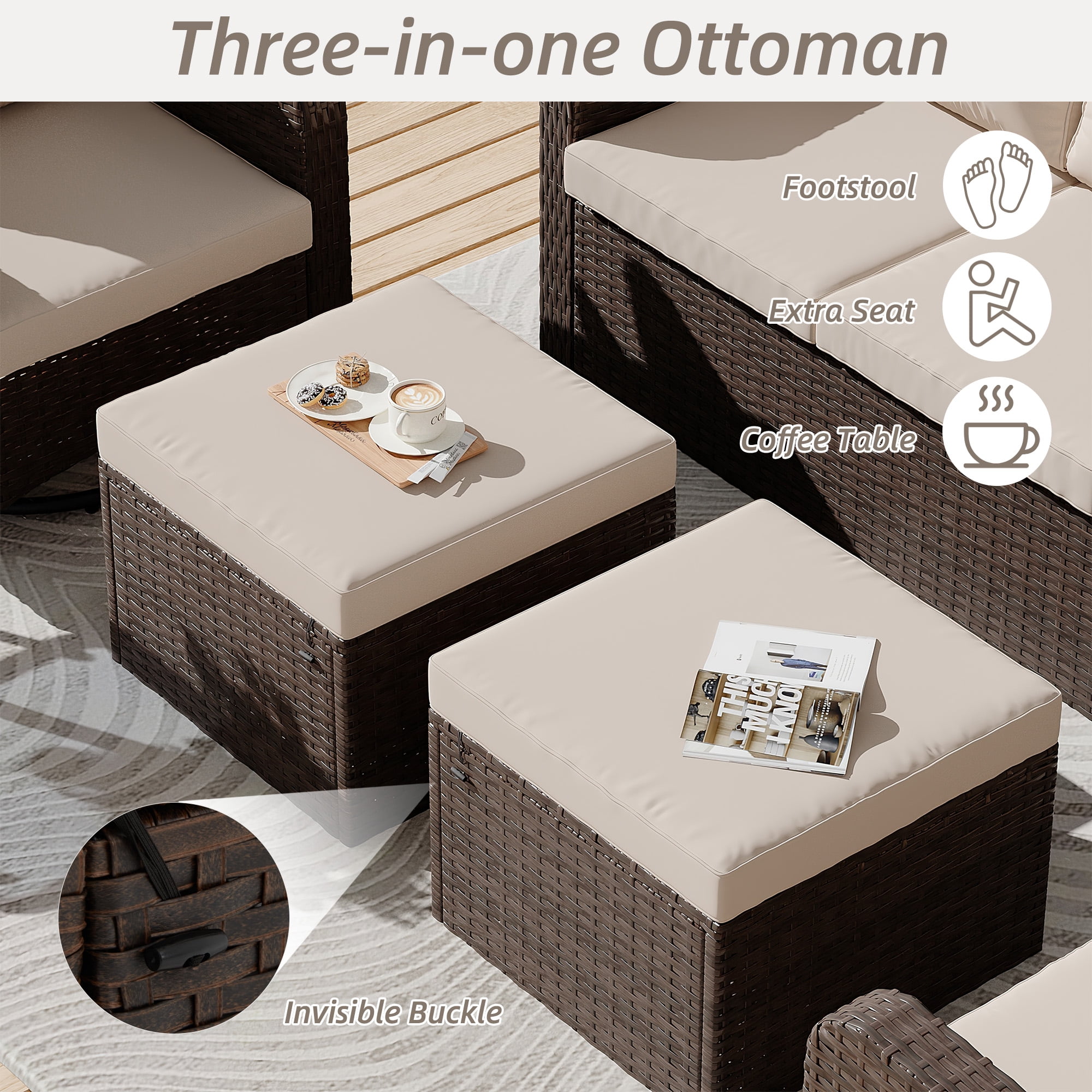 Homrest 6 Piece Patio Conversation Sets with Sofa Couch, Rattan Wicker Swivel Chairs with 2 Ottoman, Coffee Table & Cushions, Outdoor Furniture Sets for Garden, Poolside, Backyard (Khaki)