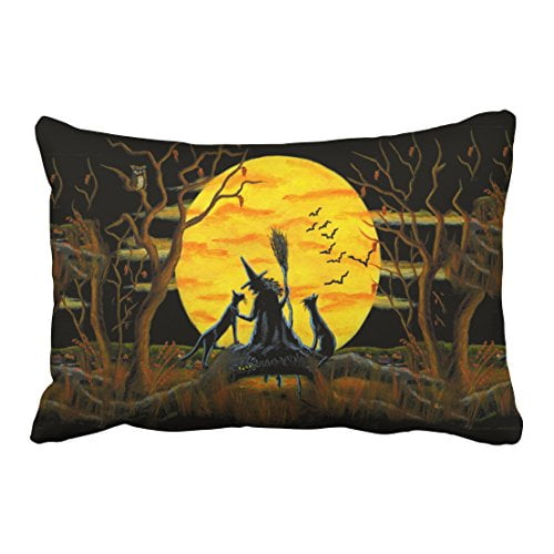 RYLABLUE Abstract Vintage Halloween Witch Bats Owl Spider Tree Silhouette Polyester 20 x 30 Inch Rectangle Throw Pillow Covers With Hidden Zipper Home Sofa Cushion Decorative Pillowcases