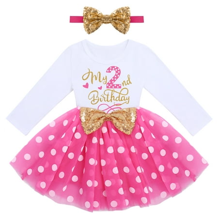 

IBTOM CASTLE Baby Girls My 1st 2nd 3rd Birthday Polka Dots Dress with Headband Long Sleeve Sequin Princess Tutu Cake Smash One Party Gown 2 Years Hot Pink Dots