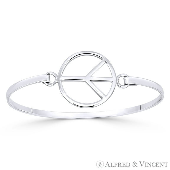Peace Sign 22mm Circle Charm Bangle Bracelet in Solid .925 Sterling Silver