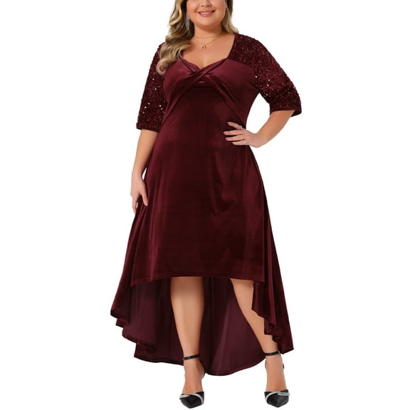 Agnes Orinda Plus Size Prom Dress for Women Velvet V Neck Sequin Glitter Half Sleeve High Low Hem Elegant A Line Midi Dresses 1X Burgundy