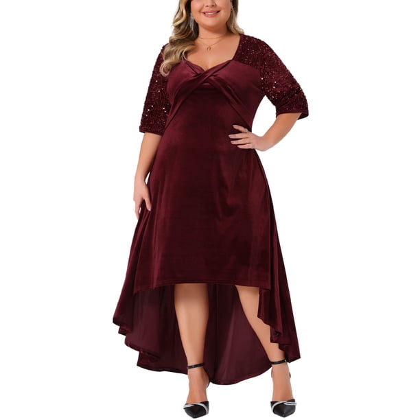 Vestido de Promoción de Talla Grande para Mujeres Agnes Orinda de Terciopelo con Cuello en V, Lentejuelas Brillantes, Manga Corta, Bajo Alto, Elegante, Corte A, Vestidos Midi 2X Burdeos