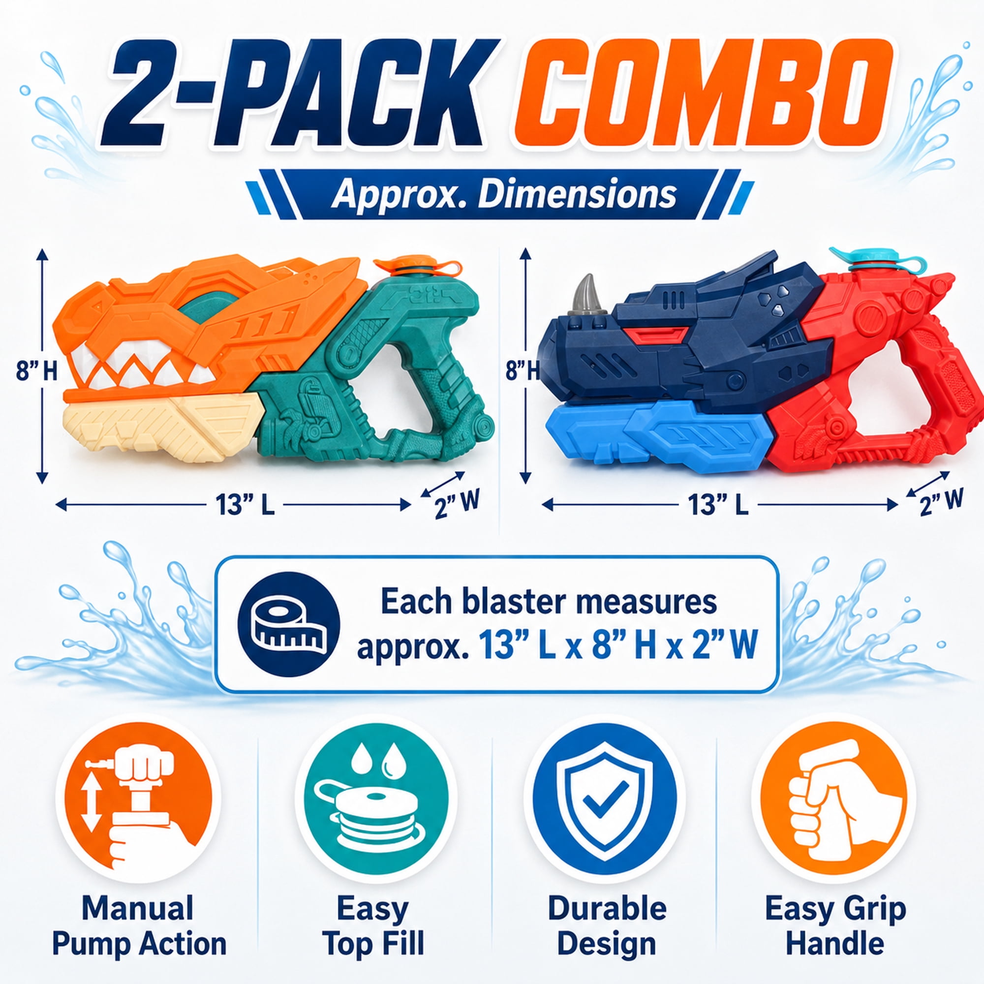 Kids Pump Action Water Blaster Toy 2-Pack, 1 Dino Style and 1 Rhino Style, Outdoor Squirt Toys for Pool, Beach, Backyard Summer Play, Ages 3+