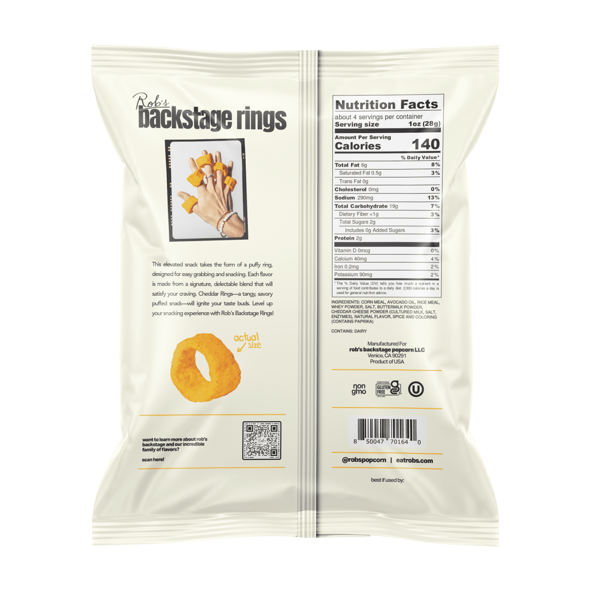Rob's Backstage Rings, Gluten-Free, Cheddar Puffed Snack, 4oz