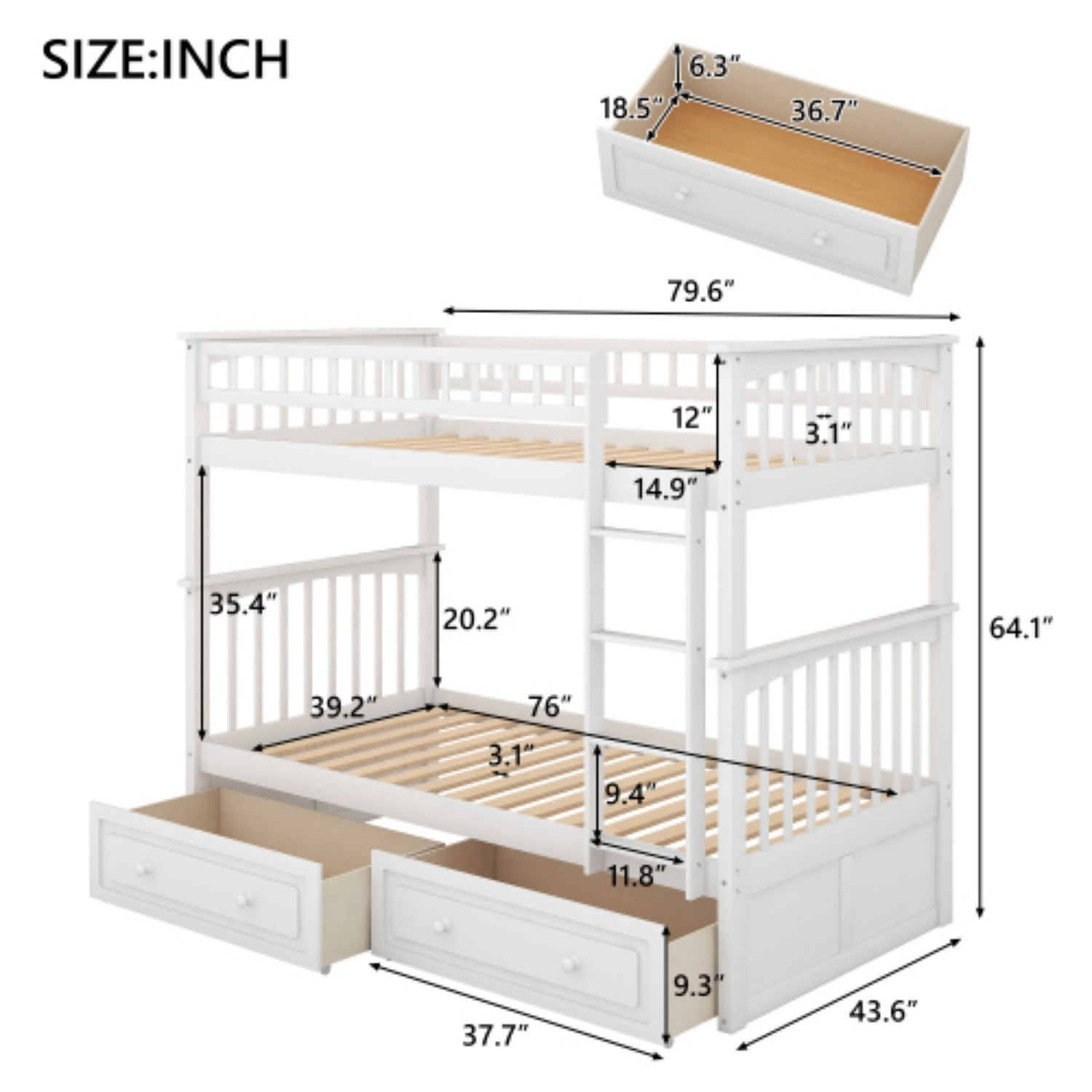 Twin Over Twin Bunk Bed with Storage Drawers, Convertible Wood Bunk Bed with Safety Guardrails, Solid Pine Wood Kids Bed Frame for Bedroom, White