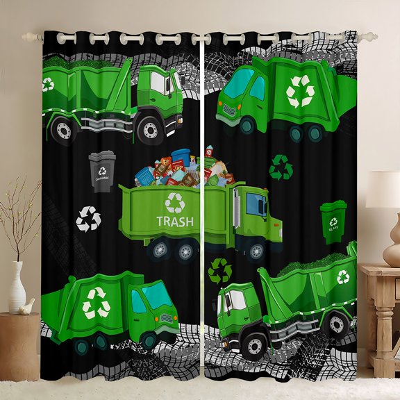 jejeloiu Green Trash Truck Black Out Curtains,Environmental Protection Theme Curtains Pack of 2 (42x63 Each),Vehicle Car Bedroom Curtains For Kids,Ultra Soft Home Decor