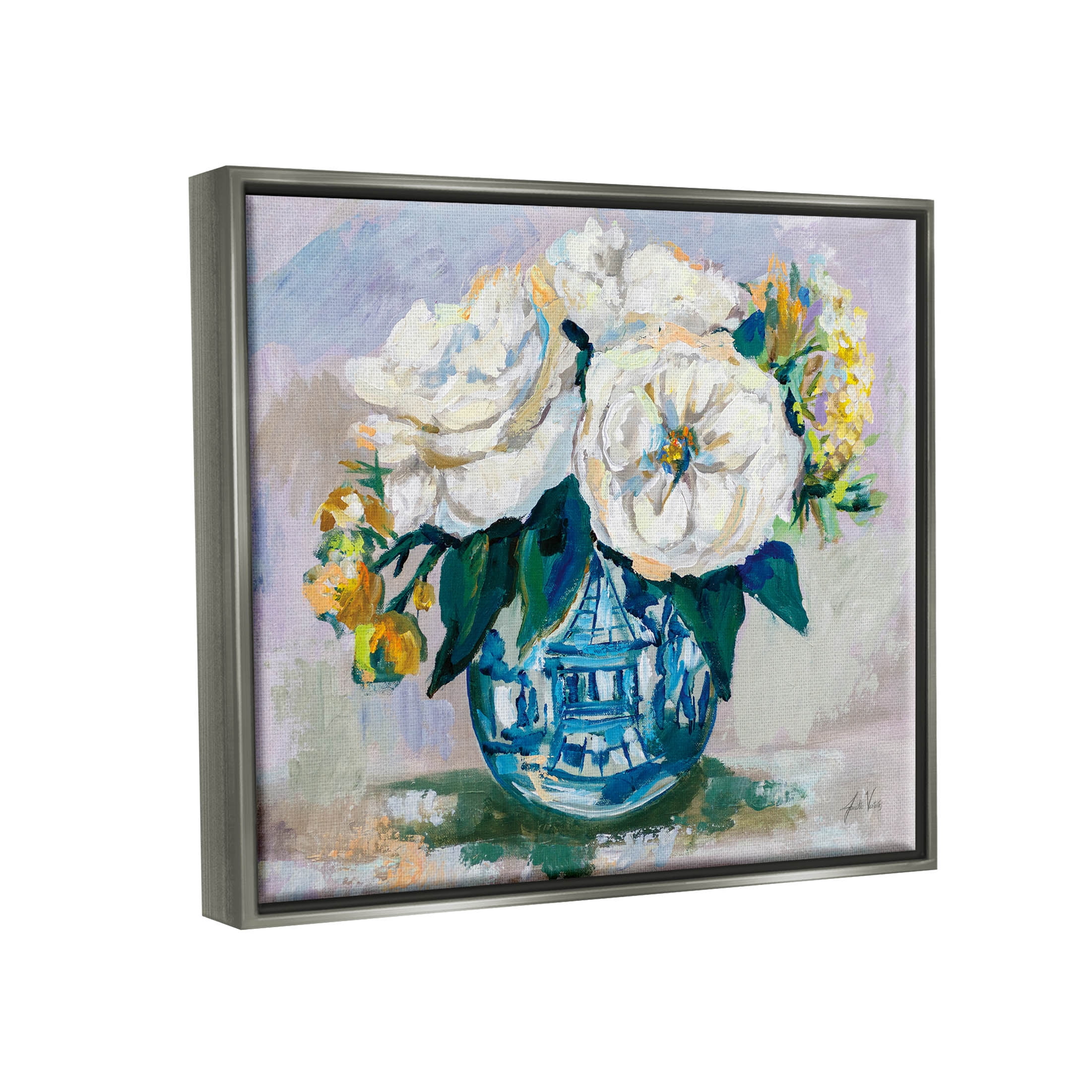 Stupell Industries Bold Modern Flower Bouquet Blossoms Painting Luster Gray Floating Framed Canvas Print Wall Art, Design by Jeanette Vertentes